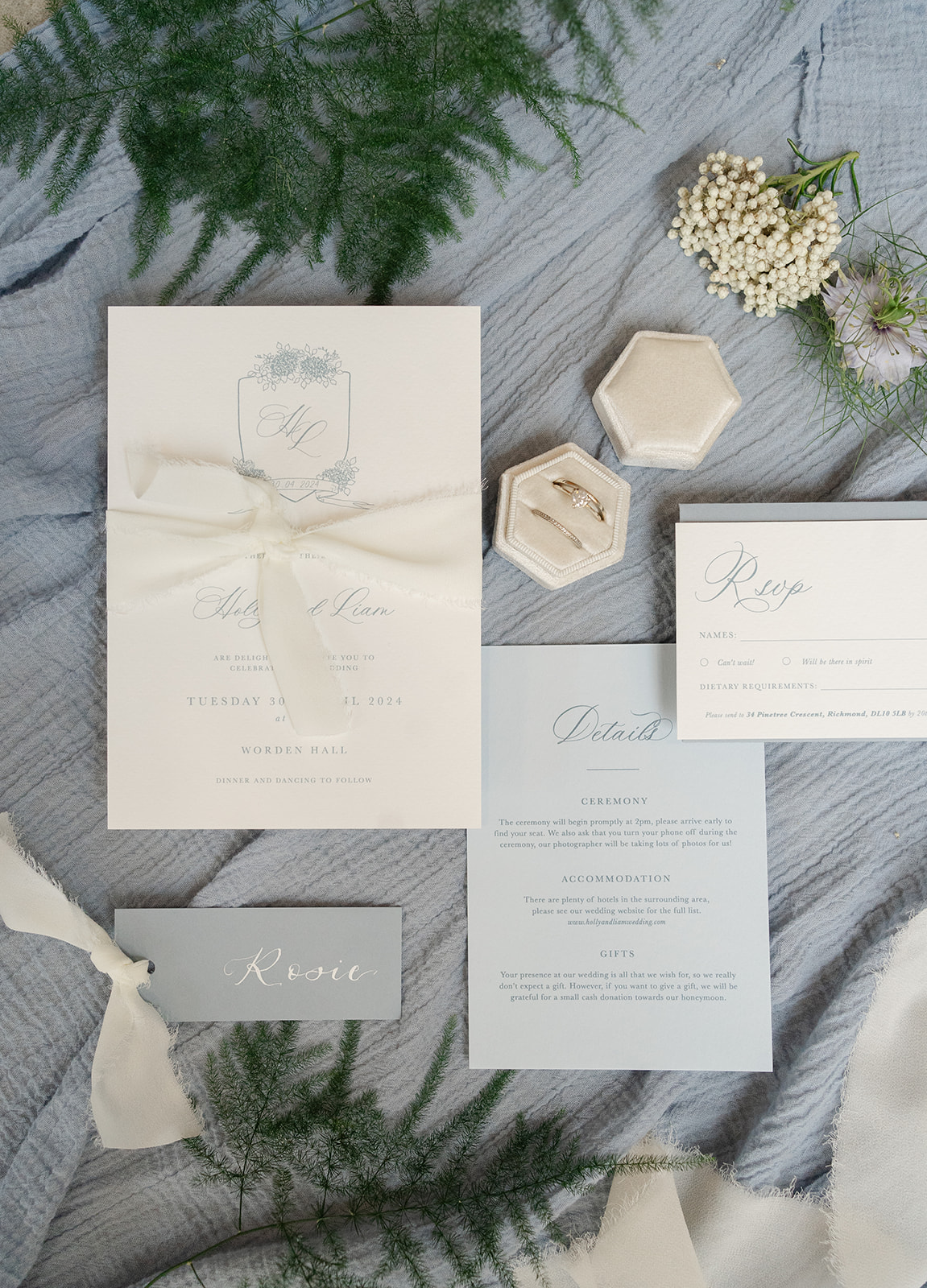 wedding stationary with ivory torn ribbon