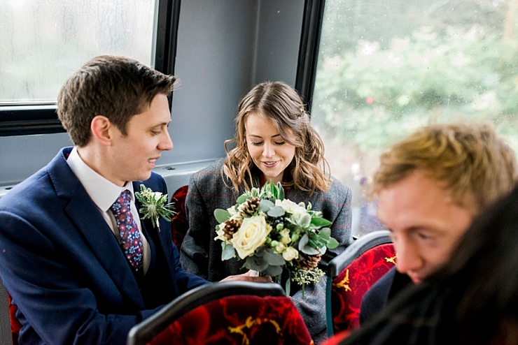 bride and groom on bus