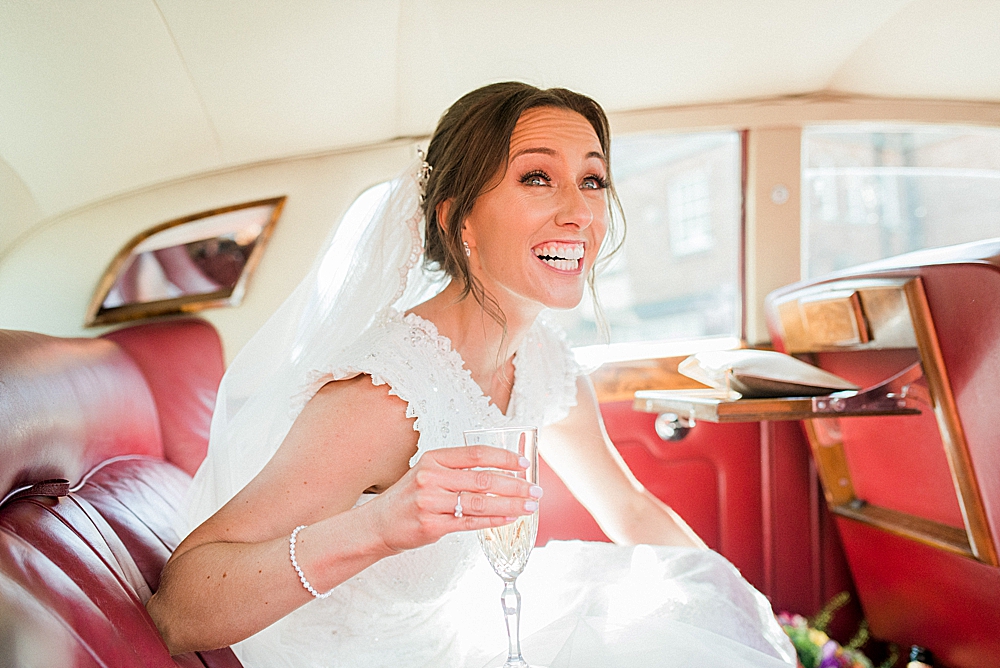 Eccleston Village hall wedding bride in classic car