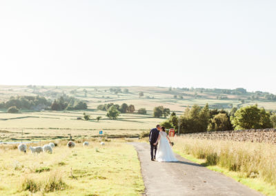 bride and groom walk through field of sheep