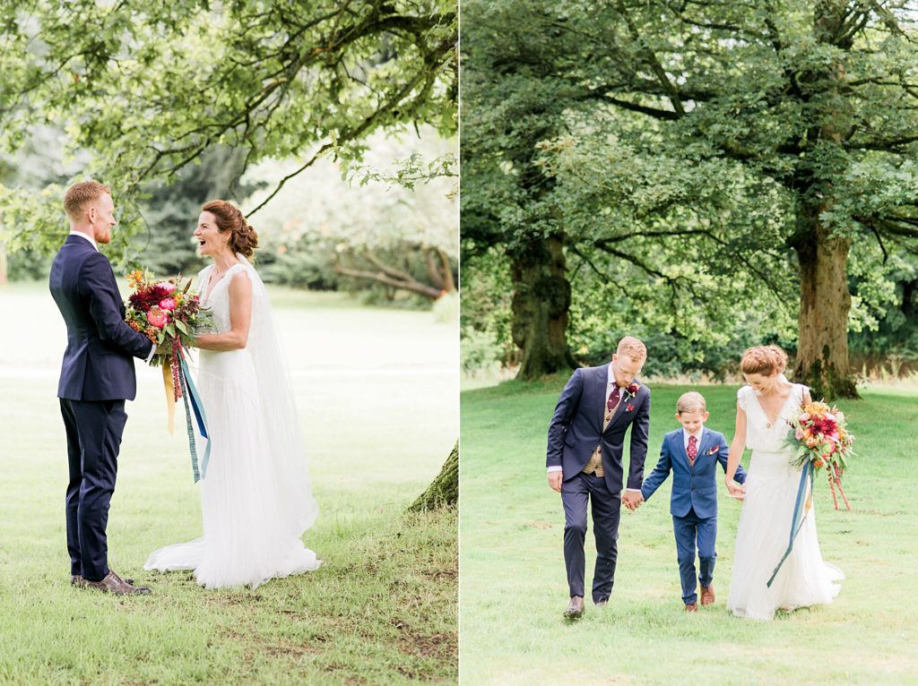 bride and groom with their little boy at rivington barn