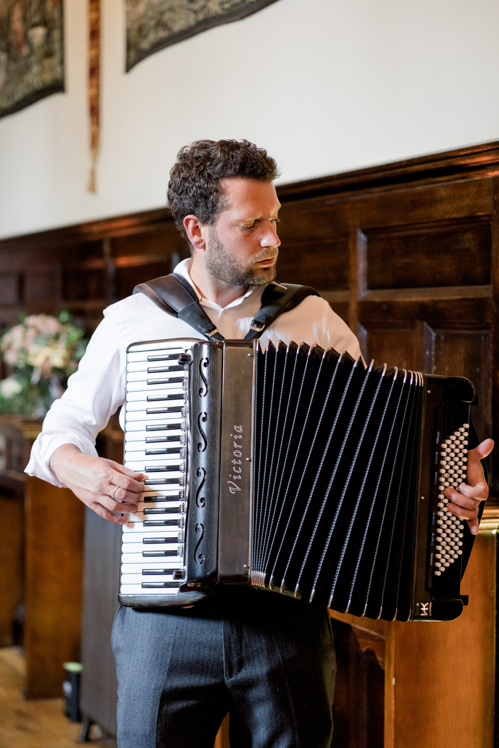 accordion music at peckforton castle wedding
