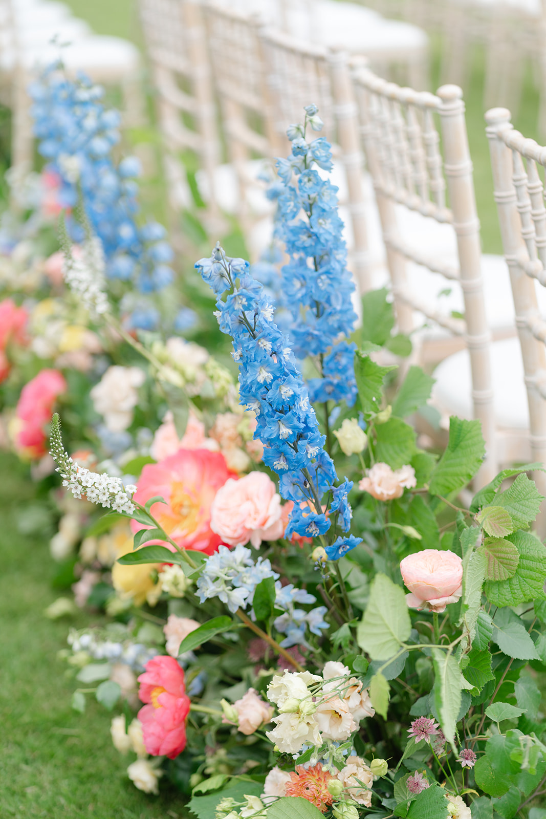 close up photo of bright and colourful wedding flowers behind ceremony chairs