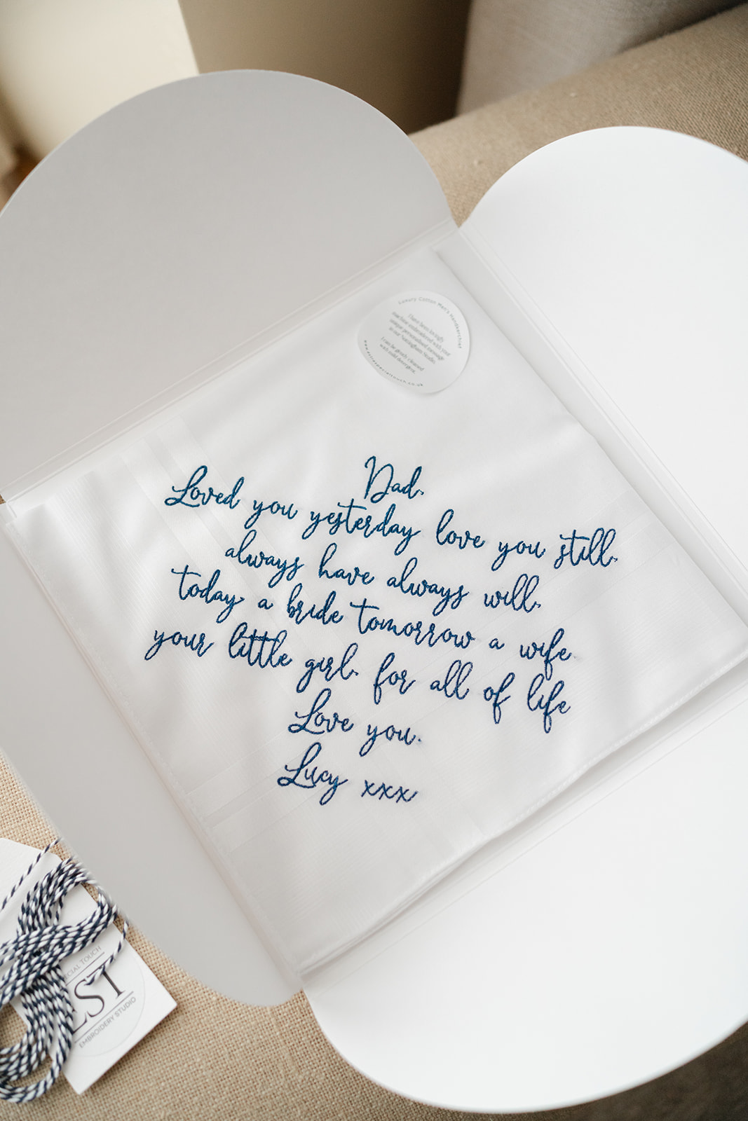 hand stitched handkerchief with message from the bride to her dad